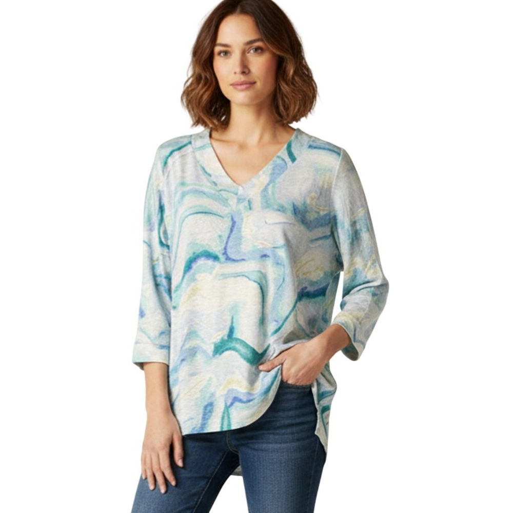 Chicos Blue Tie Dye Linen V Neck Popover Top Medium